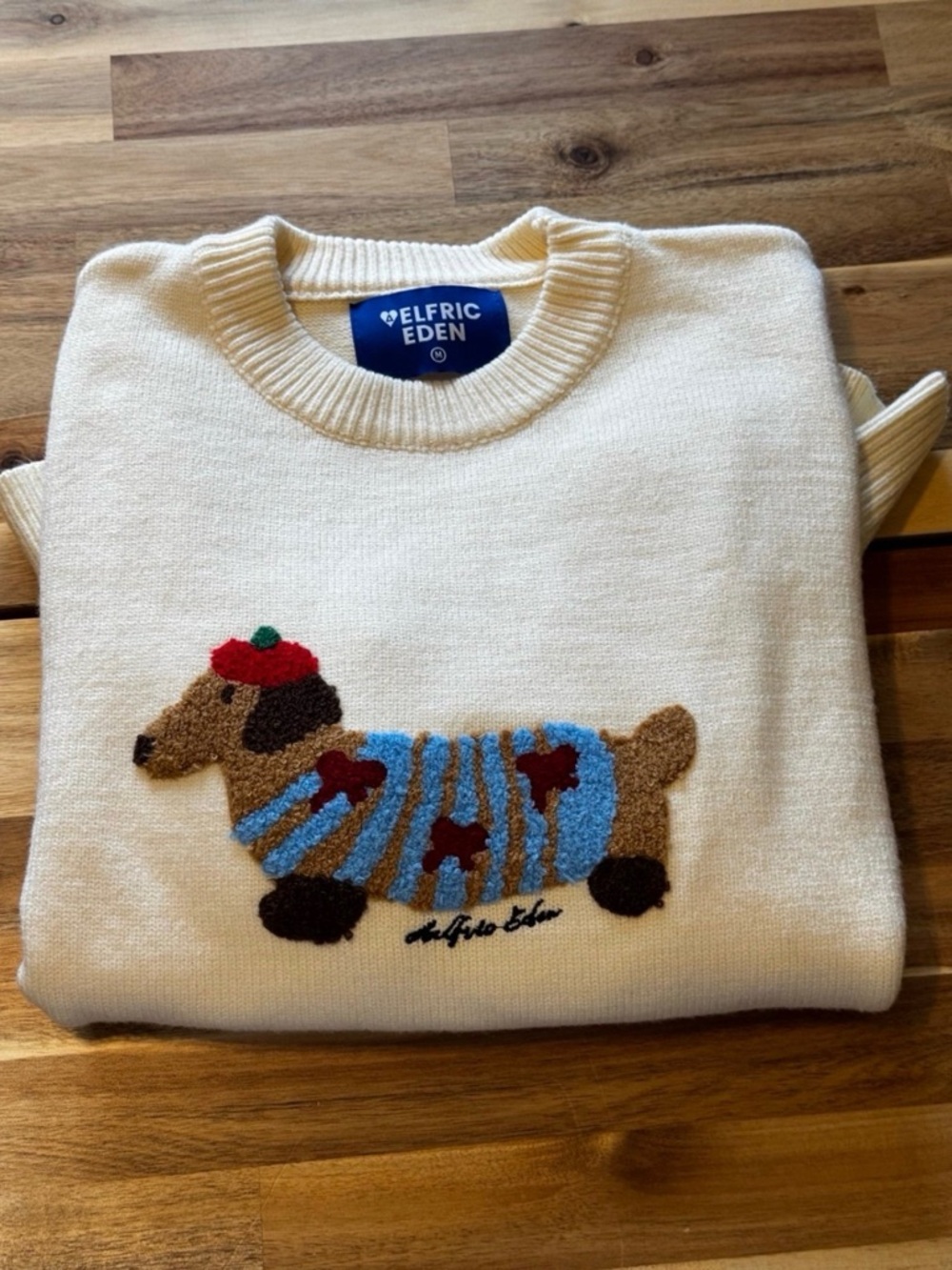 Aelfric Eden Oversized Cream Crewneck Sweater with Colorful Dachshund Embroidery